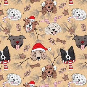 Christmas puppies - sweet freehand drawn dogs with candy cane santa hat winter scarfs cookies and mistletoe red pink on soft camel yellow