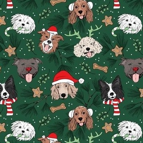 Christmas puppies - sweet freehand drawn dogs with candy cane santa hat winter scarfs cookies and mistletoe red mint green on pine