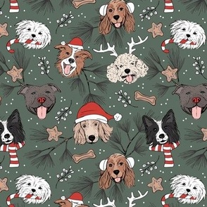 Christmas puppies - sweet freehand drawn dogs with candy cane santa hat winter scarfs cookies and mistletoe red beige camo green