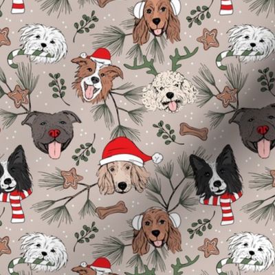Christmas puppies - sweet freehand drawn dogs with candy cane santa hat winter scarfs cookies and mistletoe red olive green on beige tan