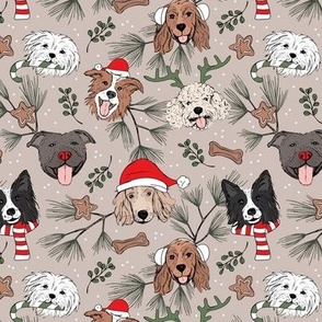 Christmas puppies - sweet freehand drawn dogs with candy cane santa hat winter scarfs cookies and mistletoe red olive green on beige tan