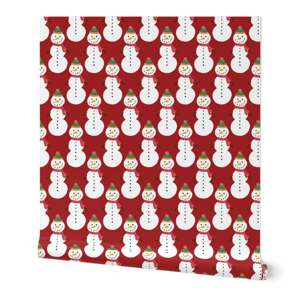 Large - Cute Snowmen in hats and scarves - White Christmas Snowman - Winter Xmas snow fabric in white red and green on a Bright Christmas Red background