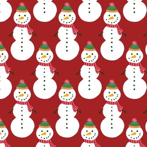 Large - Cute Snowmen in hats and scarves - White Christmas Snowman - Winter Xmas snow fabric in white red and green on a Bright Christmas Red background