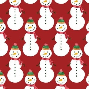 Medium - Cute Snowmen in hats and scarves - White Christmas Snowman - Winter Xmas snow fabric in white red and green on a Bright Christmas Red background kopi