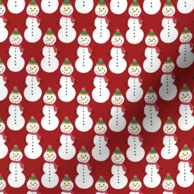 Small - Cute Snowmen in hats and scarves - White Christmas Snowman - Winter Xmas snow fabric in white red and green on a Bright Christmas Red background kopi