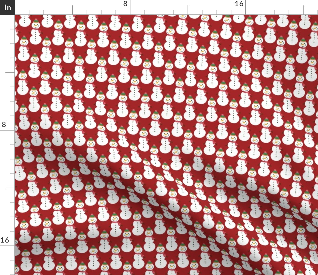 Small - Cute Snowmen in hats and scarves - White Christmas Snowman - Winter Xmas snow fabric in white red and green on a Bright Christmas Red background kopi