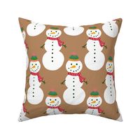 Large - Cute Snowmen in hats and scarves - White Christmas Snowman - Rustic Winter Xmas snow fabric in white red and green on a Pantone Biscuit brown background