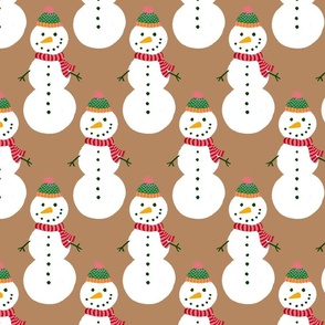 Large - Cute Snowmen in hats and scarves - White Christmas Snowman - Rustic Winter Xmas snow fabric in white red and green on a Pantone Biscuit brown background