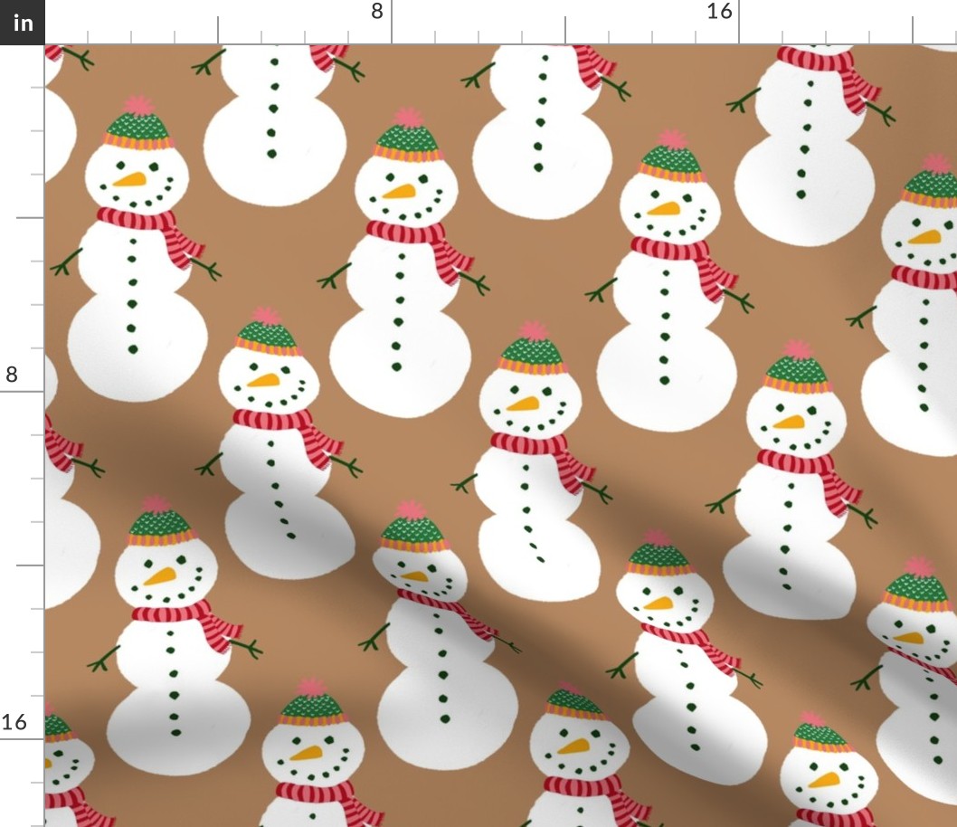 Large - Cute Snowmen in hats and scarves - White Christmas Snowman - Rustic Winter Xmas snow fabric in white red and green on a Pantone Biscuit brown background