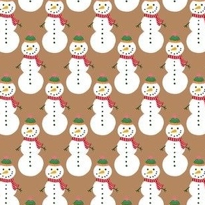 Small - Cute Snowmen in hats and scarves - White Christmas Snowman - Rustic Winter Xmas snow fabric in white red and green on a Pantone Biscuit brown background kopi