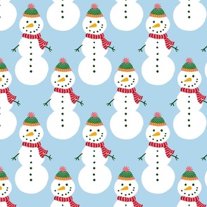 Large - Cute Snowmen in hats and scarves - White Christmas Snowman - Winter Xmas snow fabric in white red and green on a light blue Frosty blue background