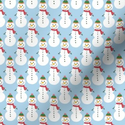 Small - Cute Snowmen in hats and scarves - White Christmas Snowman - Winter Xmas snow fabric in white red and green on a light blue Frosty blue background kopi
