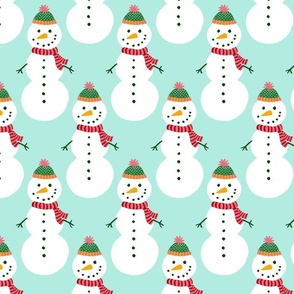 Large - Cute Snowmen in hats and scarves - White Christmas Snowman - Winter Xmas snow fabric in white red and green on a light Foam green (mint green) background