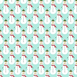 Medium - Cute Snowmen in hats and scarves - White Christmas Snowman - Winter Xmas snow fabric in white red and green on a light Foam green (mint green) background 