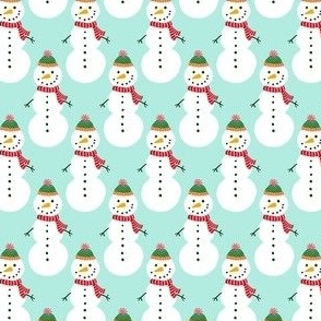 Small - Cute Snowmen in hats and scarves - White Christmas Snowman - Winter Xmas snow fabric in white red and green on a light Foam green (mint green) background 