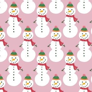 Large - Cute Snowmen in hats and scarves - White Christmas Snowman - Winter Xmas snow fabric in white red and green on a light mauve pink background 