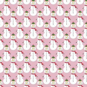 Medium - Cute Snowmen in hats and scarves - White Christmas Snowman - Winter Xmas snow fabric in white red and green on a light mauve pink 
background  