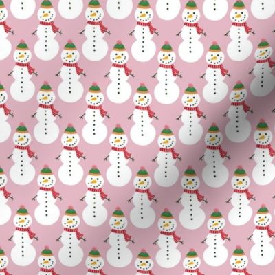 Small - Cute Snowmen in hats and scarves - White Christmas Snowman - Winter Xmas snow fabric in white red and green on a light mauve pink background 