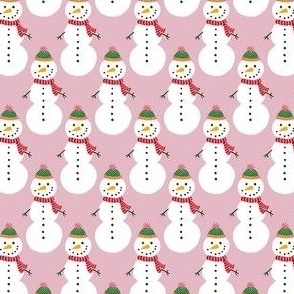 Small - Cute Snowmen in hats and scarves - White Christmas Snowman - Winter Xmas snow fabric in white red and green on a light mauve pink background 