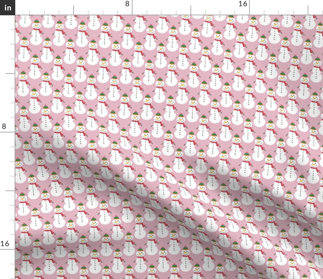 Small - Cute Snowmen in hats and scarves - White Christmas Snowman - Winter Xmas snow fabric in white red and green on a light mauve pink background 