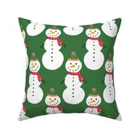 Large - Cute Snowmen in hats and scarves - White Christmas Snowman - Winter Xmas snow fabric in white red and green on a Medium Christmas Green background