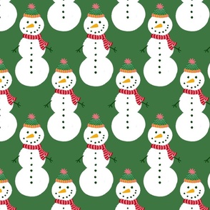 Large - Cute Snowmen in hats and scarves - White Christmas Snowman - Winter Xmas snow fabric in white red and green on a Medium Christmas Green background