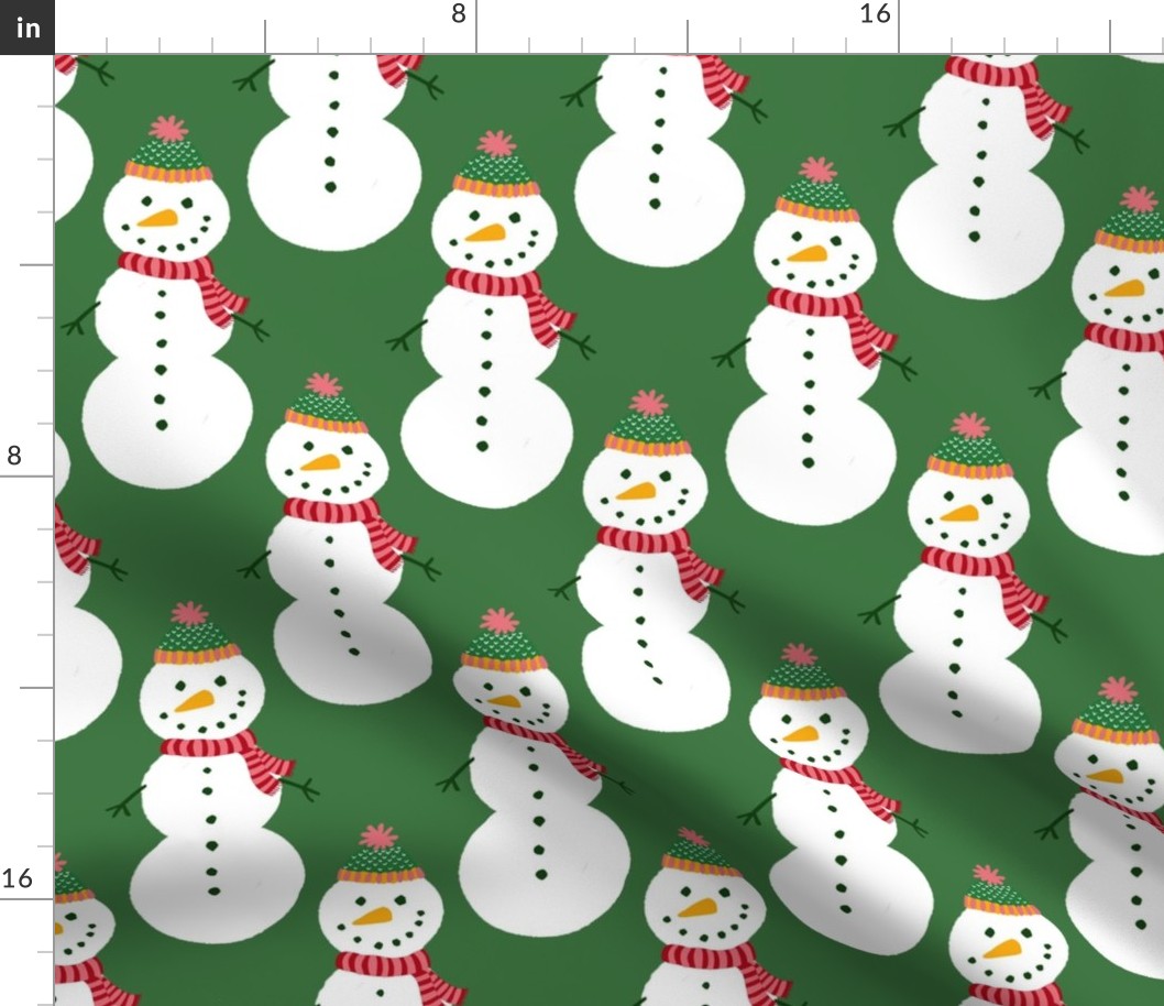 Large - Cute Snowmen in hats and scarves - White Christmas Snowman - Winter Xmas snow fabric in white red and green on a Medium Christmas Green background