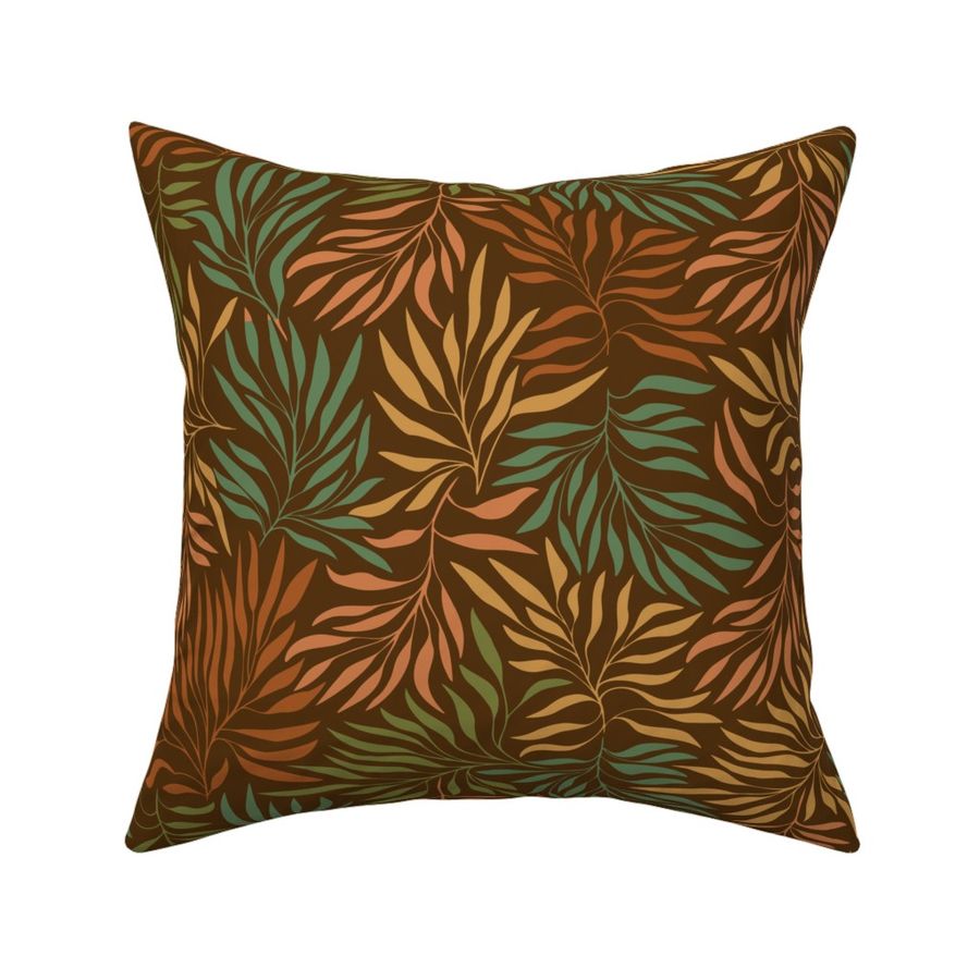 Tangled Jungle Leaves Pattern in Red, Coral, Yellow, Turquoise and Olive Green on Dark Brown Background