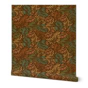 Tangled Jungle Leaves Pattern in Red, Coral, Yellow, Turquoise and Olive Green on Dark Brown Background