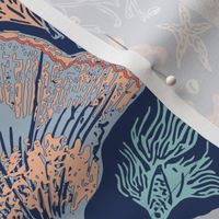 coastal chic mermaid and whales damask in deep blue and coral - jumbo scale 