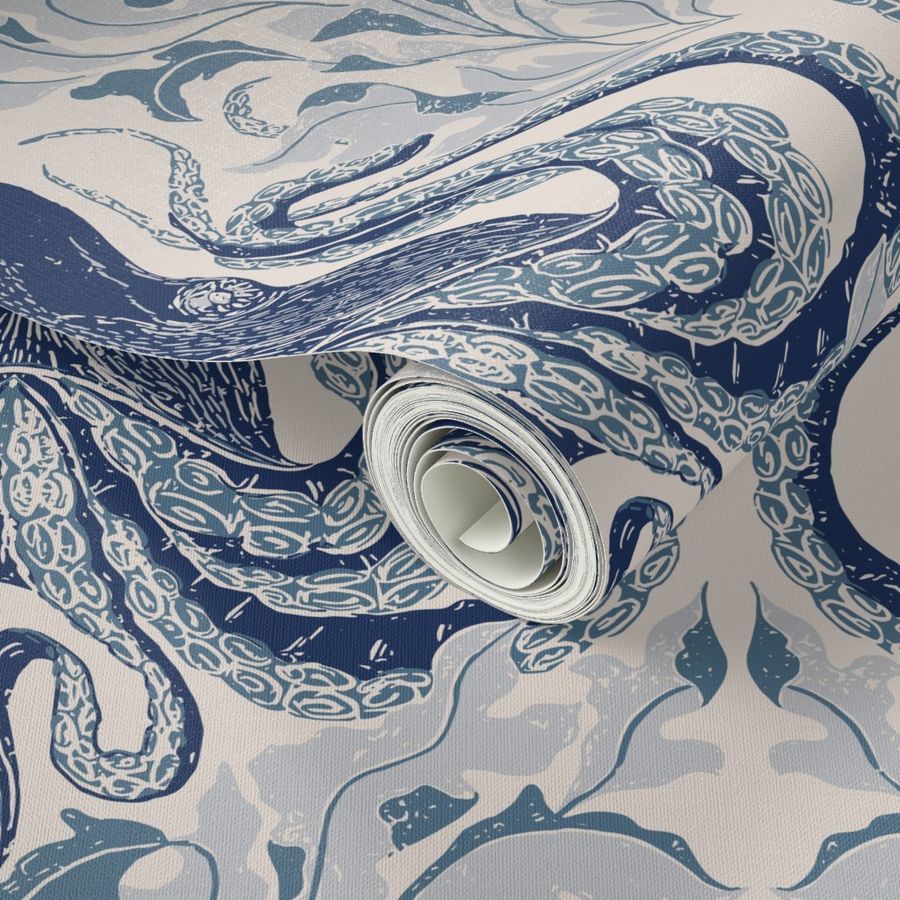 coastal chic - block print octopus and seaweed in indigo and ivory monochrome