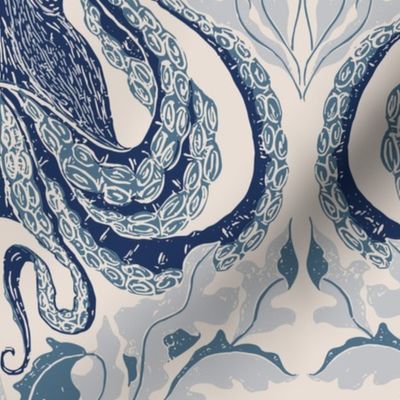 coastal chic - block print octopus and seaweed in indigo and ivory monochrome