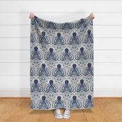 coastal chic - block print octopus and seaweed in indigo and ivory monochrome