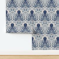 coastal chic - block print octopus and seaweed in indigo and ivory monochrome