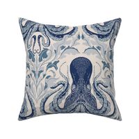 coastal chic - block print octopus and seaweed in indigo and ivory monochrome