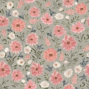 Medium - Sweet Floral Field - Cosmos, Dainty Florals, Roses, Blooms - Blush, Ivory, Blue, Navy, Green,  Grey