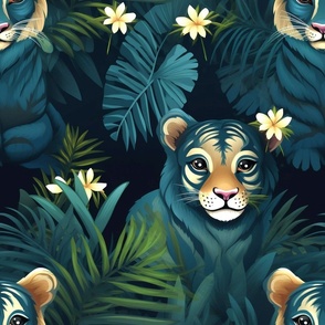 Tropical Palm Tigers in Jungle Blue: Modern Bohemian Rainforest Large Design for Bedding and Wallpaper