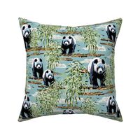 Black and White Panda Bears in the Wild, Cute Cuddly Bears, Giant Panda Wildlife Habitat Lush Green Bamboo Forest on Blue (Large Scale)