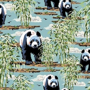 Black and White Panda Bears in the Wild, Cute Cuddly Bears, Giant Panda Wildlife Habitat Lush Green Bamboo Forest on Blue (Large Scale)