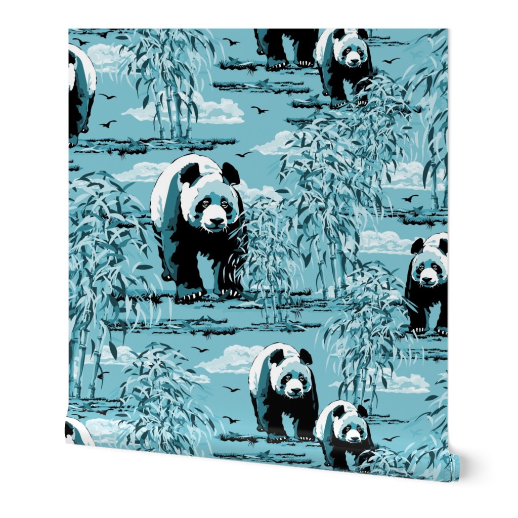 Aqua Blue and White Panda Bears, Wild Panda Habitat Lush Bamboo Forest, Modern Aqua Blue Monochrome Panda Habitat, Wild Panda Bamboo Forest, Cute Bear Wildlife Bamboo Grove Forest, Endangered Black White Giant Panda Bears, Flying Birds Summer Sky