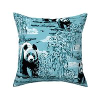 Aqua Blue and White Panda Bears, Wild Panda Habitat Lush Bamboo Forest, Modern Aqua Blue Monochrome Panda Habitat, Wild Panda Bamboo Forest, Cute Bear Wildlife Bamboo Grove Forest, Endangered Black White Giant Panda Bears, Flying Birds Summer Sky