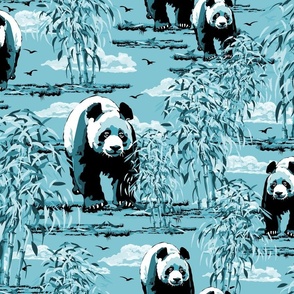 Aqua Blue and White Panda Bears in the Wild, Panda Habitat Lush Bamboo Forest