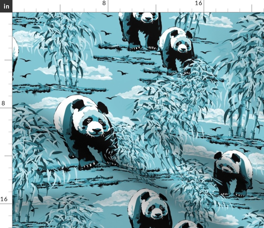 Aqua Blue and White Panda Bears, Wild Panda Habitat Lush Bamboo Forest, Modern Aqua Blue Monochrome Panda Habitat, Wild Panda Bamboo Forest, Cute Bear Wildlife Bamboo Grove Forest, Endangered Black White Giant Panda Bears, Flying Birds Summer Sky