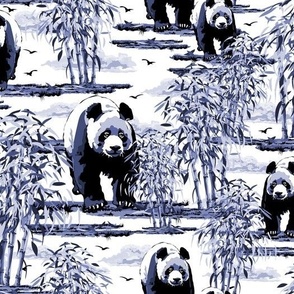 Blue Ink Panda Bears in the Wild, Panda Habitat Lush Bamboo Forest, Monochrome Toile De Jouy