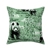 Maximalist Green Monochrome Panda Bears in the Wild, Panda Habitat Lush Bamboo Forest, Toile De Jouy