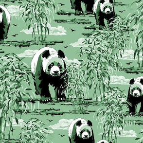 Maximalist Green Monochrome Panda Bears in the Wild, Panda Habitat Lush Bamboo Forest, Toile De Jouy