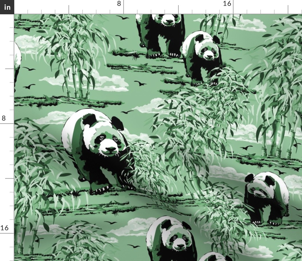 Maximalist Green Monochrome Panda Bears in the Wild, Panda Habitat Lush Bamboo Forest, Toile De Jouy