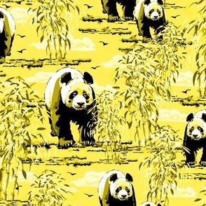 Maximalist Toile De Jouy Monochrome Yellow Panda Bear Pattern, Wild Pandas Habitat Lush Bamboo Forest