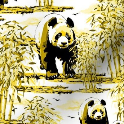 Yellow and White Toile De Jouy, Maximalist Monochrome Yellow Panda Bear Pattern, Wild Pandas Habitat Lush Bamboo Forest