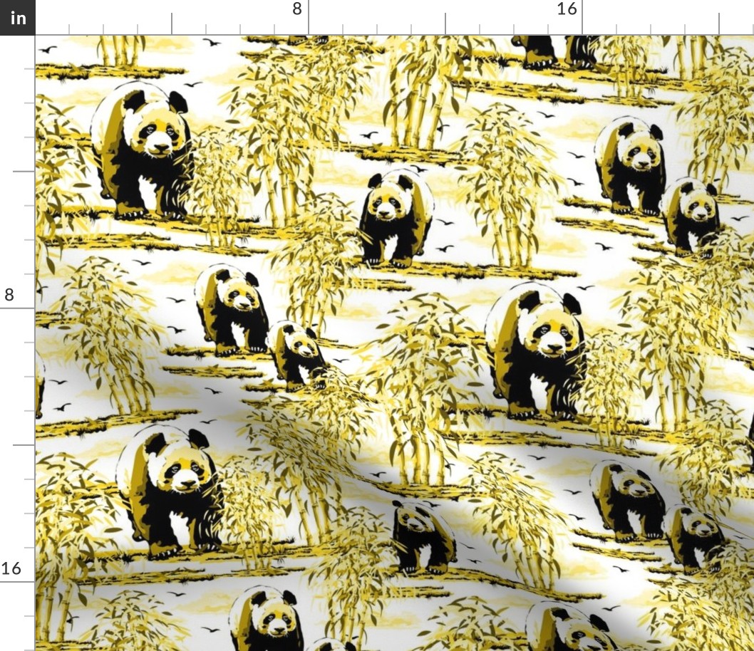 Yellow and White Toile De Jouy, Maximalist Monochrome Yellow Panda Bear Pattern, Wild Pandas Habitat Lush Bamboo Forest